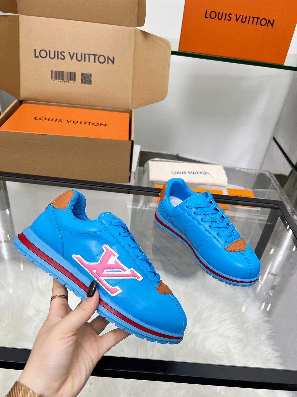 Louis Vuitton LV Trainer Sneaker Blue &amp; Pink – Red Stripe Sole – Women’s Shoes view 7