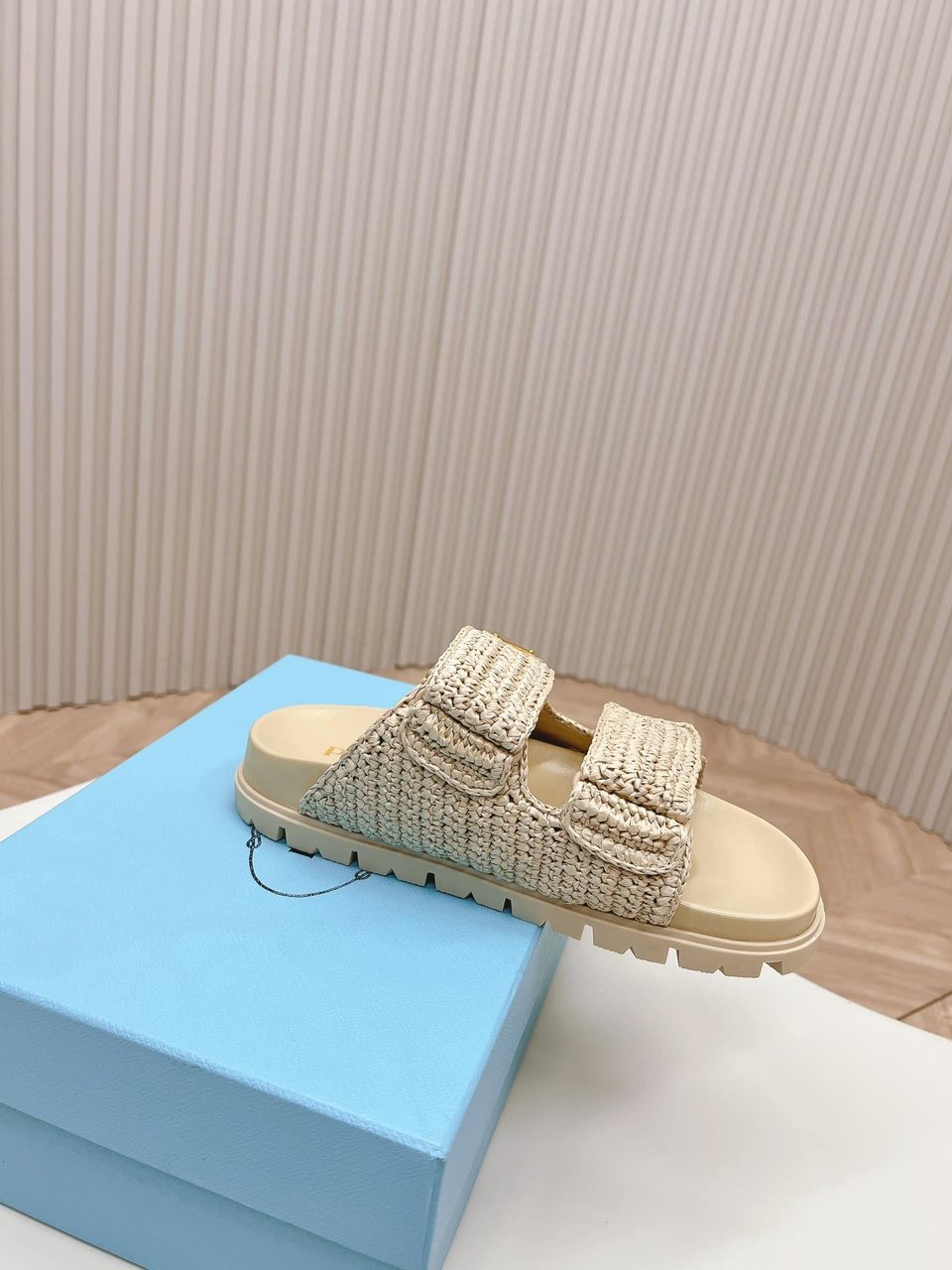 Prada Fussbett Raffia Dual Buckle Slide Sandals Beige view 8