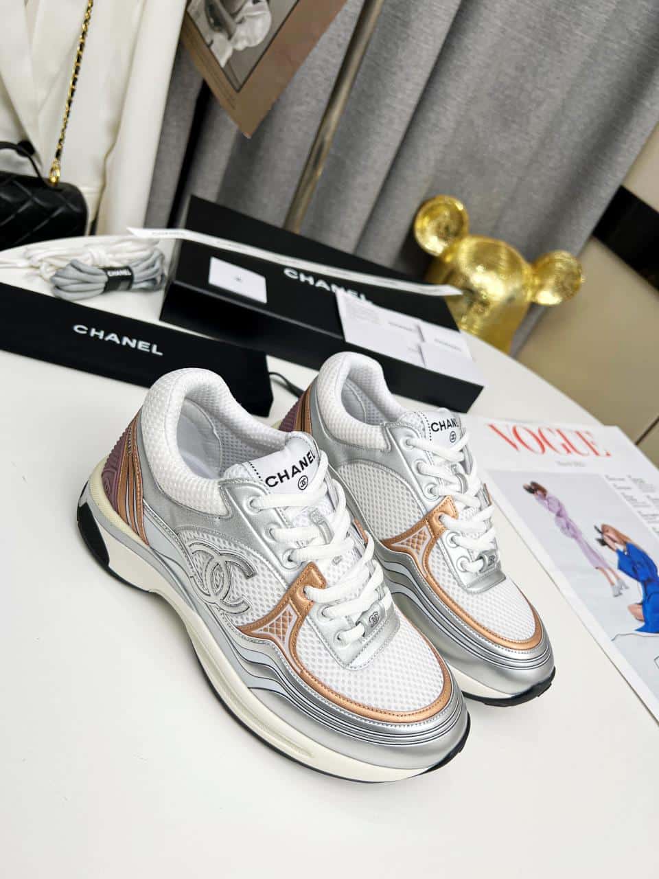 Chanel 23C Silver Metallic Cc Logo Lace Up Flat Runner Trainer Sneaker White Yellow view 8