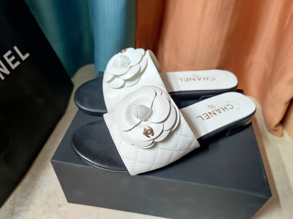 Chanel Camellia Leather Slides White view 7