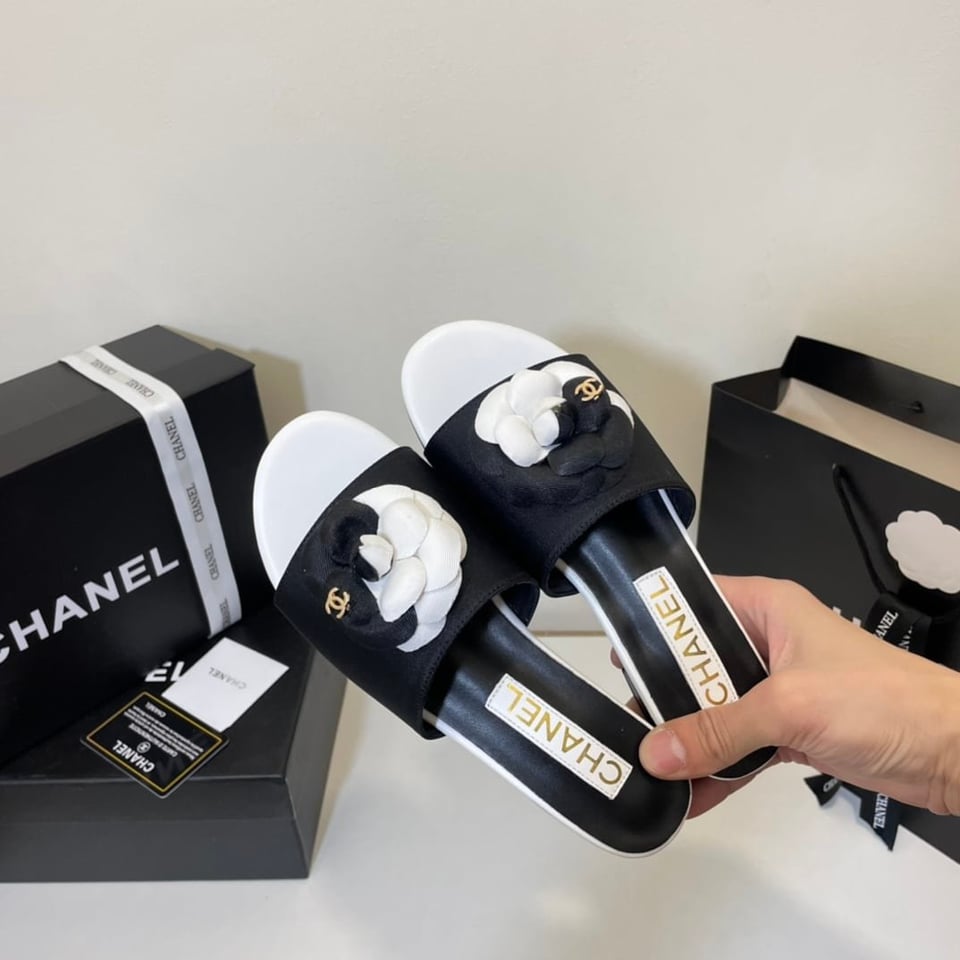 Chanel Camellia Slides Black White view 5