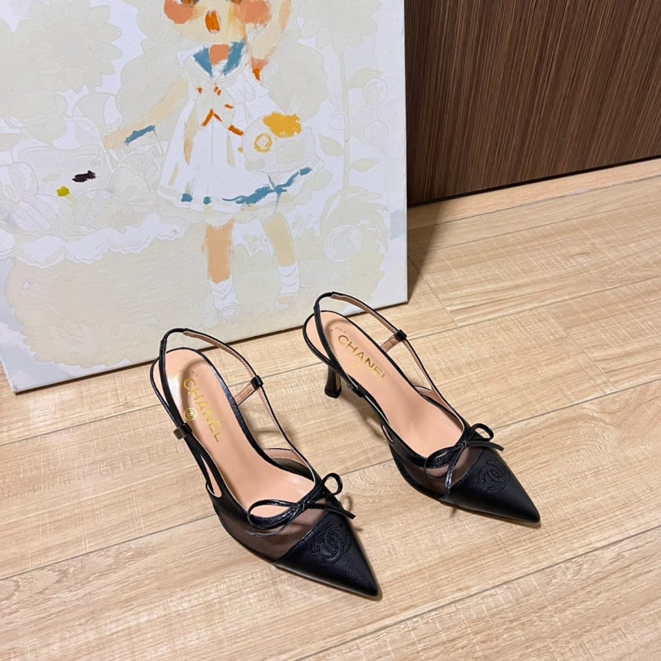 Chanel Cc Leather Pointy Toe Pumps Slingbacks Sandals Black view 3