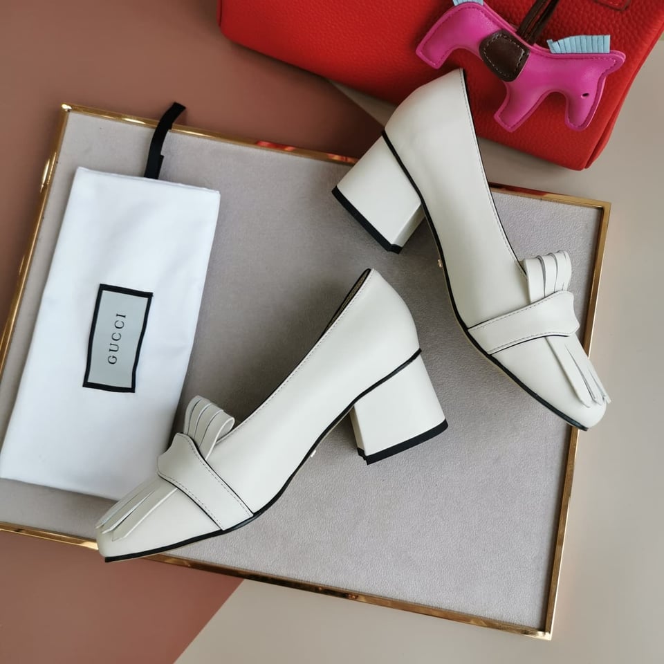 Gucci Wmns White Leather Mid-Heel Pump view 5