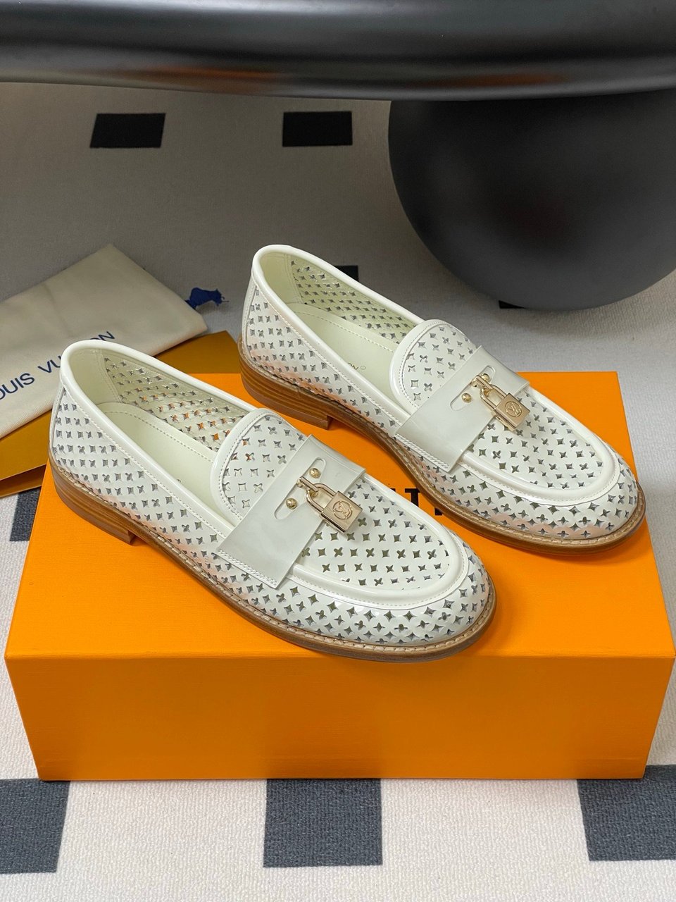 Louis Vuitton Chess Flat Loafer White Monogram Embroidered with Gold Padlock 1AGXRV view 3