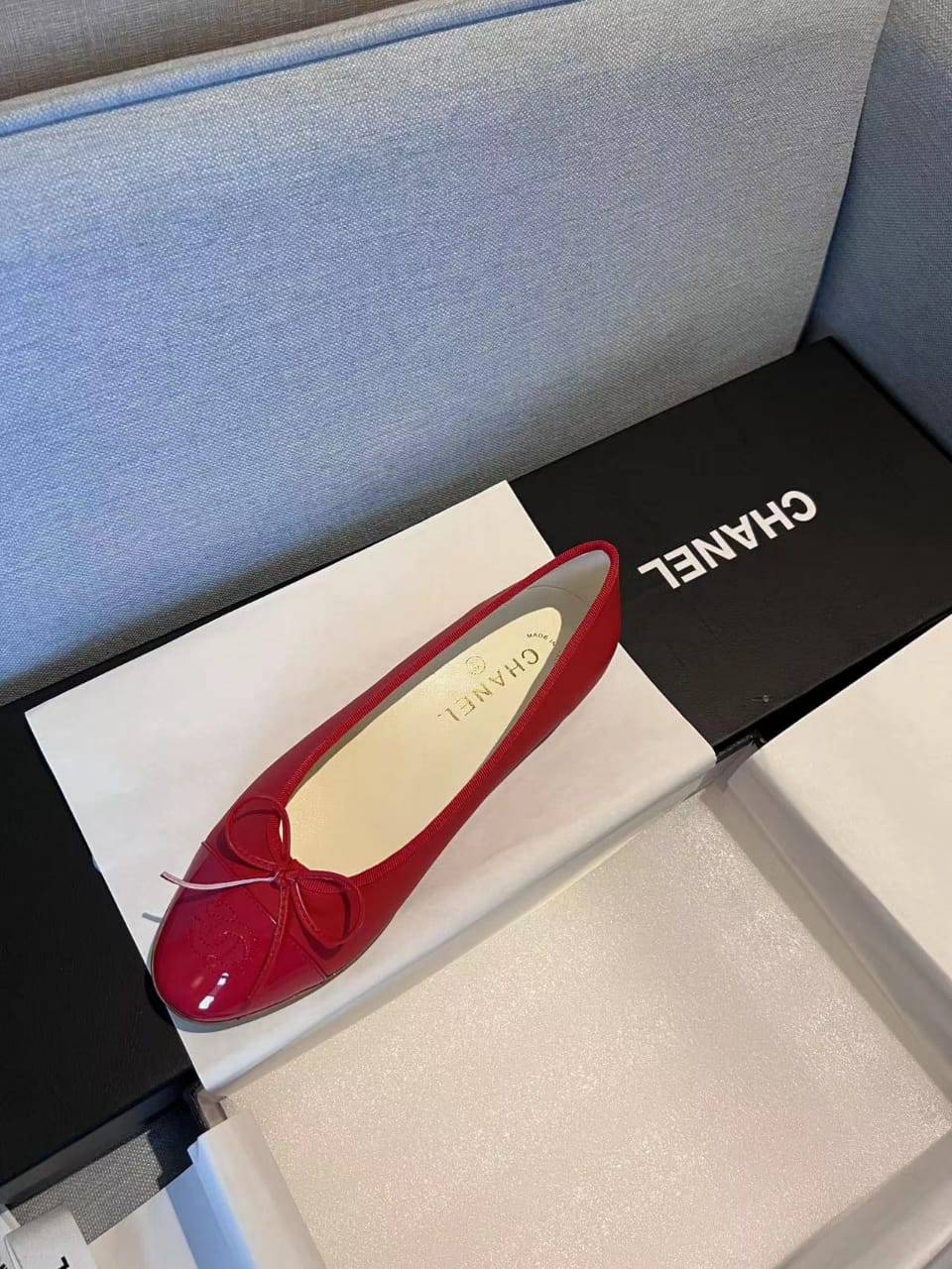 Chanel Cc Cap Toe Ballet Flats In Light Red Patent Leather view 8