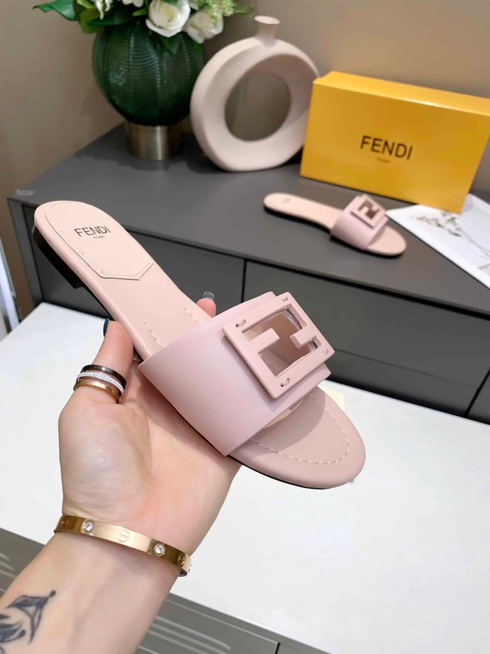 Fendi Signature Leather Sandals Slide Pink 8R8136Ae7Tf1Fgd view 3