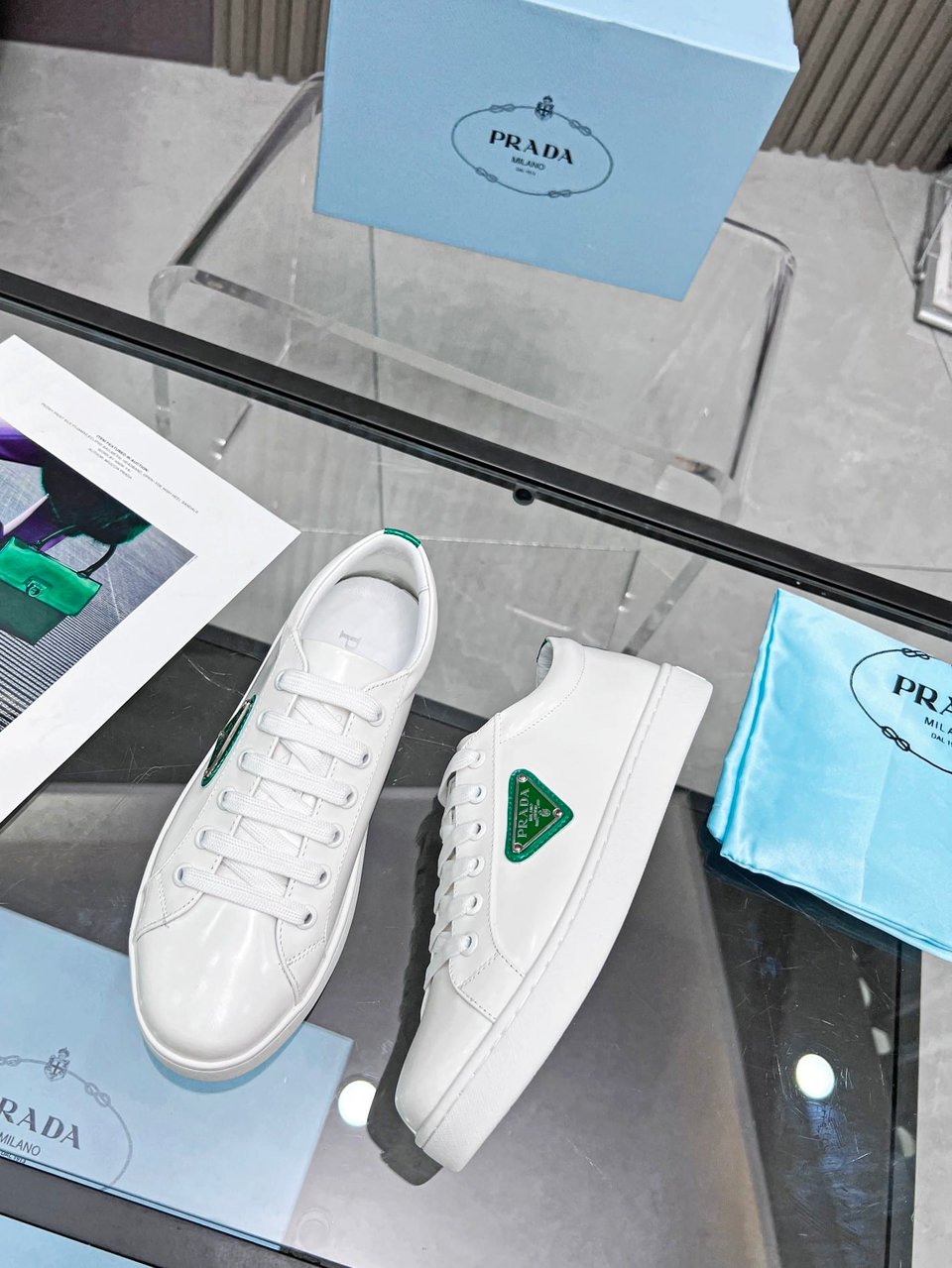 Prada Brushed Sneakers Leather White White Mango 2Ee376 3F0E F0Djt view 3