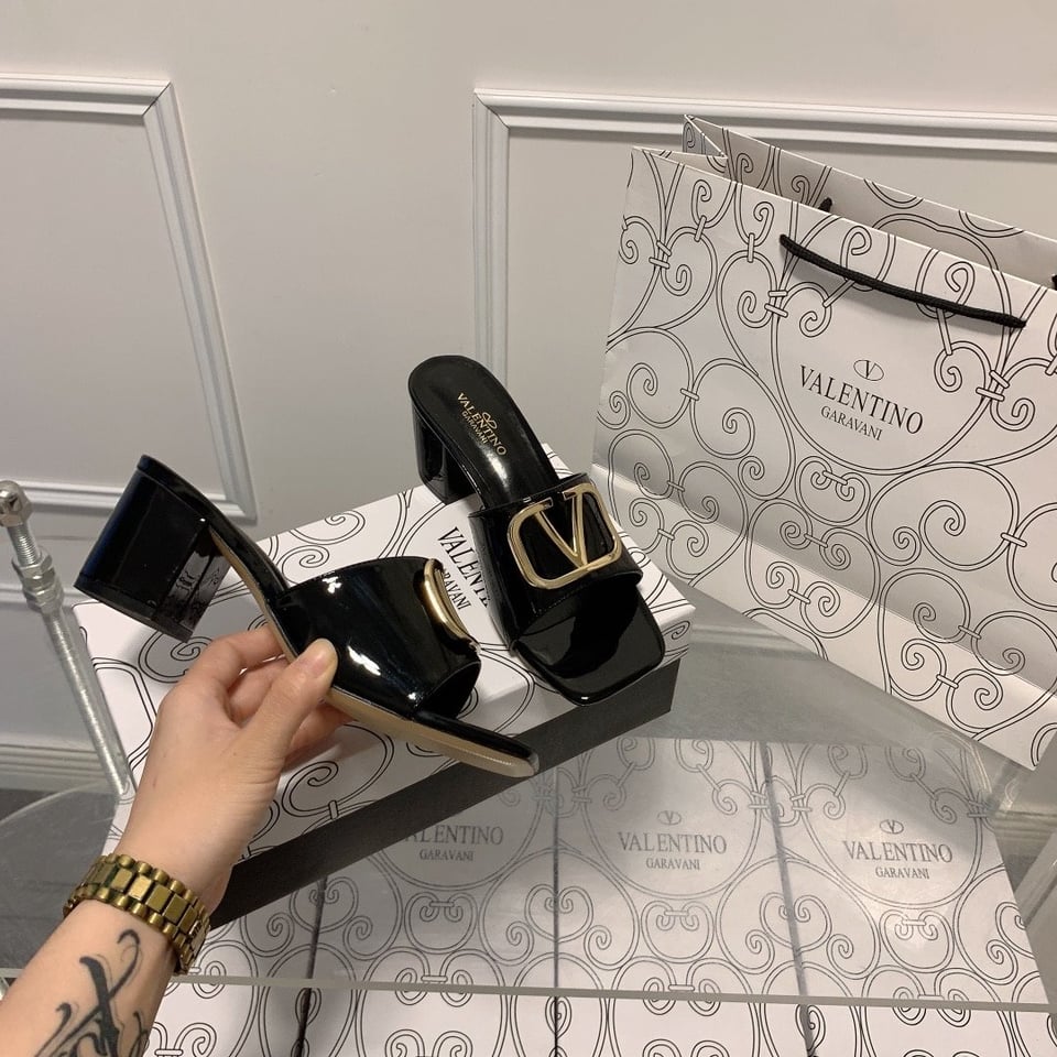 Valentino Vlogo Signature Square Toe Middle Heel Black Slide Sandal view 4