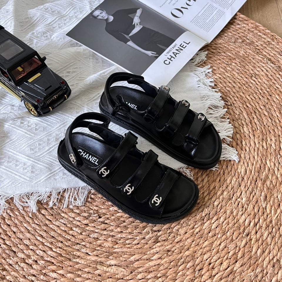 Chanel Triple Velcro Strap Sandals Black G45628 B16403 94305 view 5