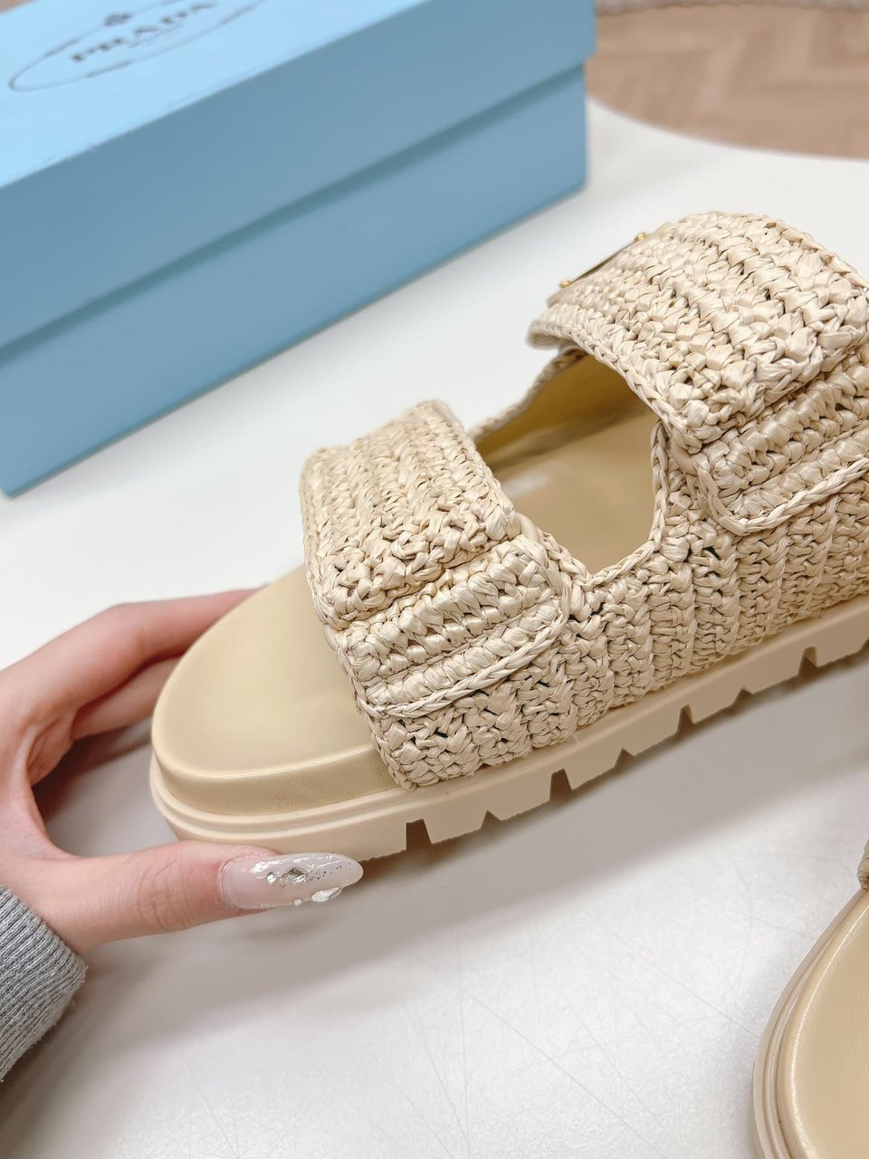 Prada Fussbett Raffia Dual Buckle Slide Sandals Beige view 6