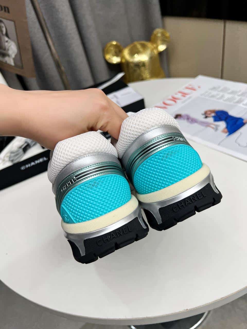 Chanel 23C Silver Metallic Cc Logo Lace Up Flat Runner Trainer Sneaker White Turquoise view 7