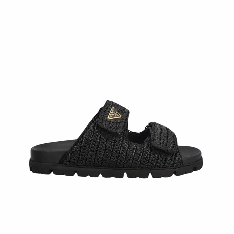 Prada Fussbett Raffia Dual Buckle Slide Sandals Black