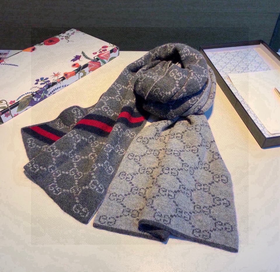Gucci Cashmere Scarf GG Monogram Stripe Grey For Women 180cm