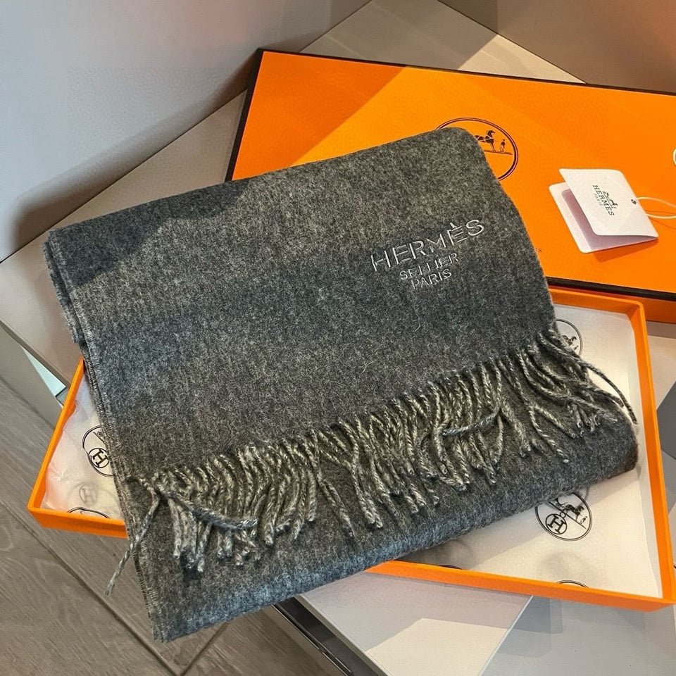 Hermes Cashmere Scarf Colorblock Dark Gray Light Gray For Women 180cm view 3