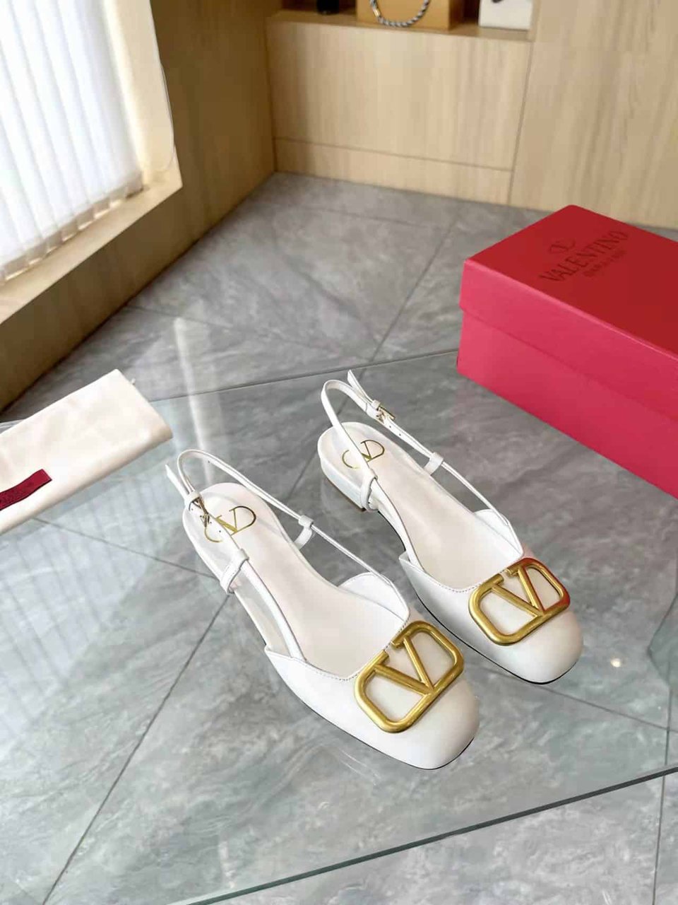 Valentino Garavani V Logo Leather Slingback Flats White view 3