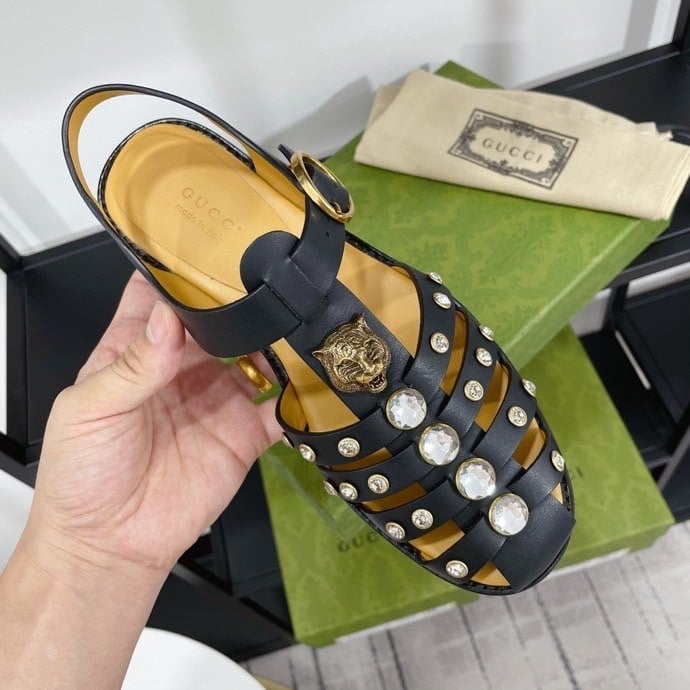 Gucci Rubber Crystal Embellishments Sandals Black view 6