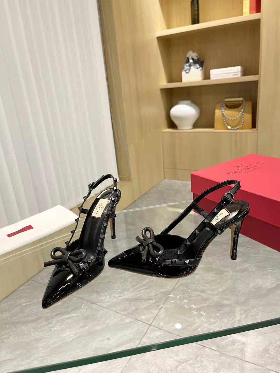 Valentino Rockstud Bow 100 Patent Slingback Pump Black view 7