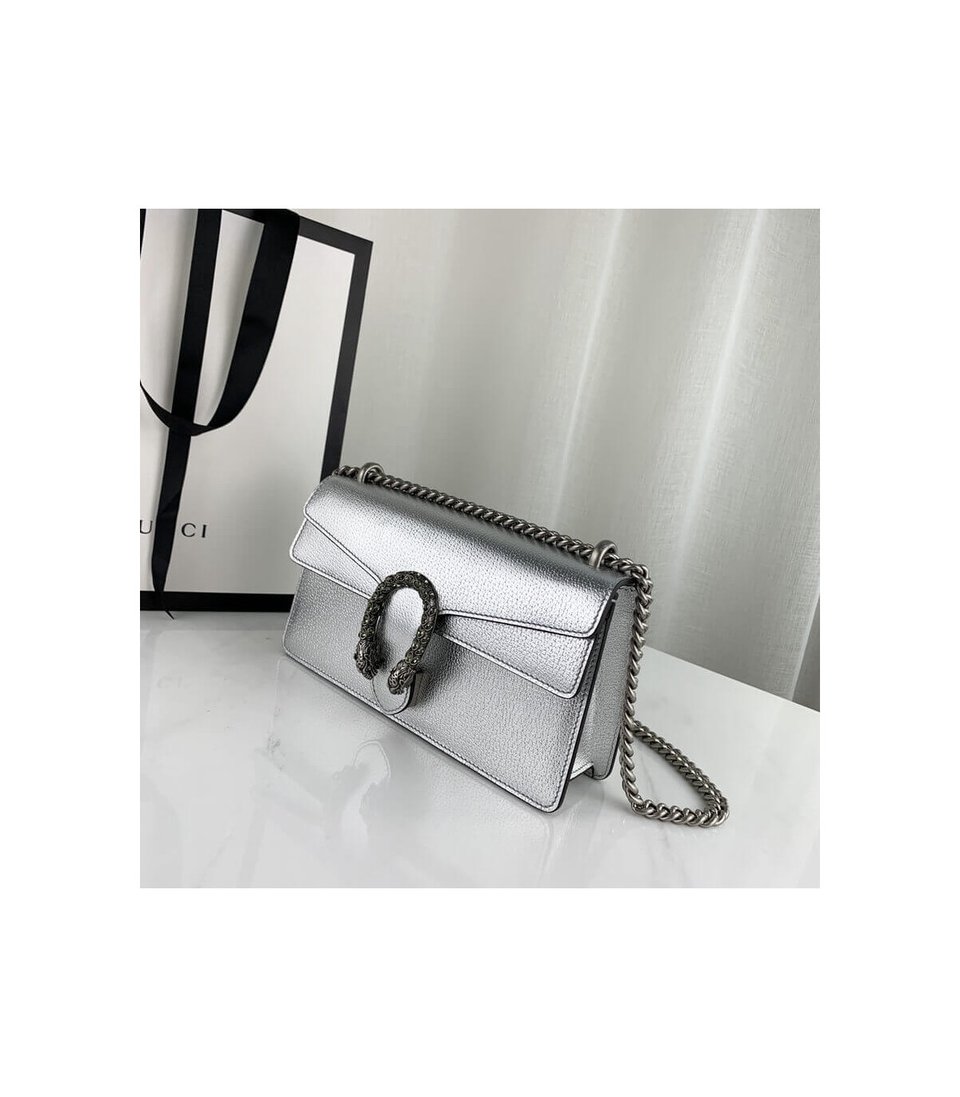 Gucci Dionysus Small Shoulder Bag in Silver Lame Leather view 5