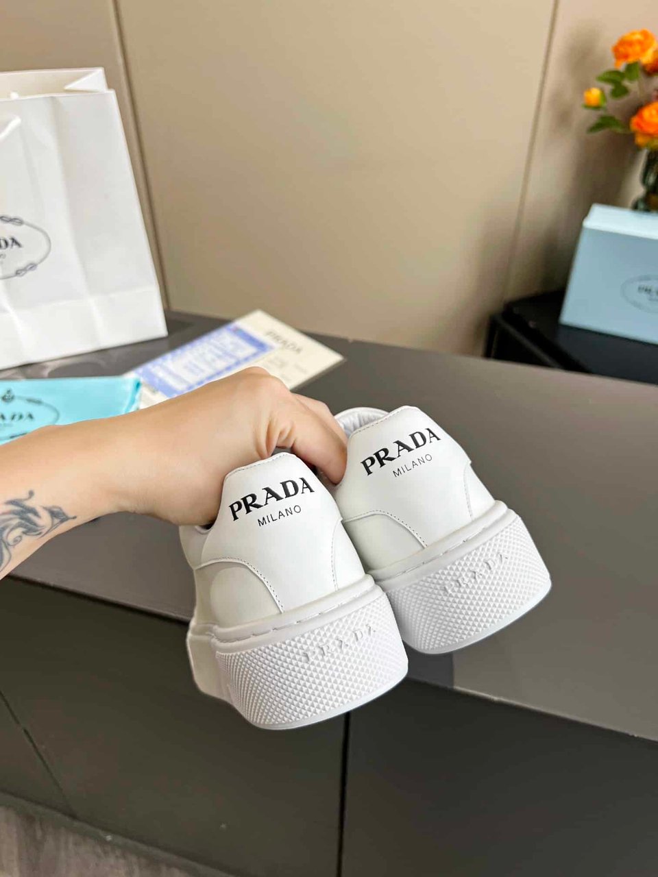 Prada Sneakers In White Leather With White view 3