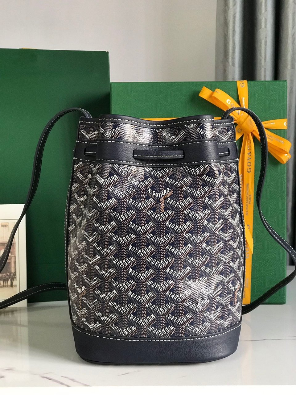 Goyard Petit Flot Bucket Bag 22cm Navy Blue Goyardine Canvas And Lambskin Trim view 3