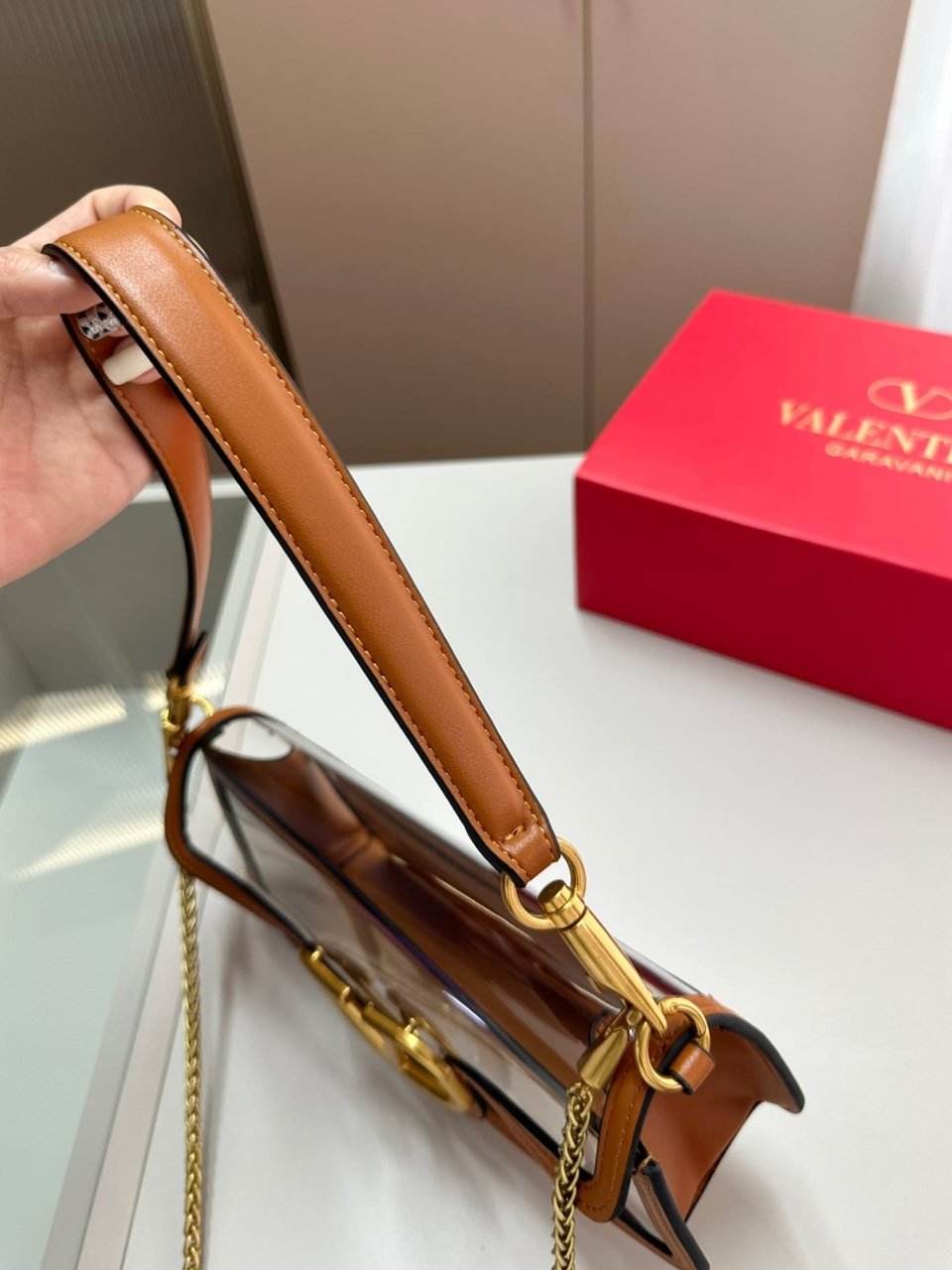 Valentino Garavani Locò Pvc And Leather Shoulder Bag Brown 24Cm view 9