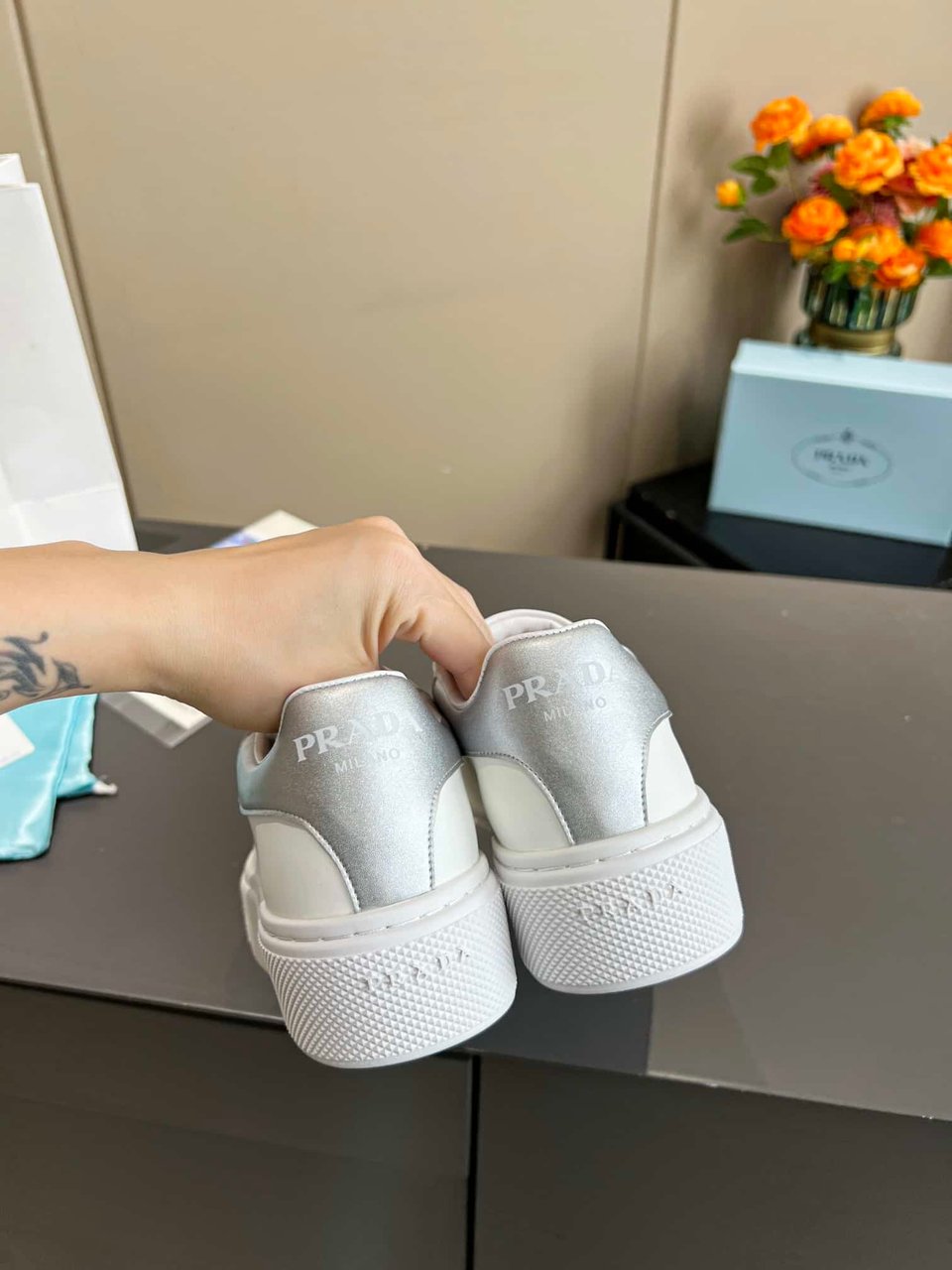 Prada Sneakers In White Leather With Silver Logo view 6
