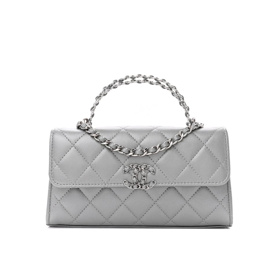 Chanel Lambskin Quilted Chain Top Handle Phone Holder With Chain Silver 18Cm view 2