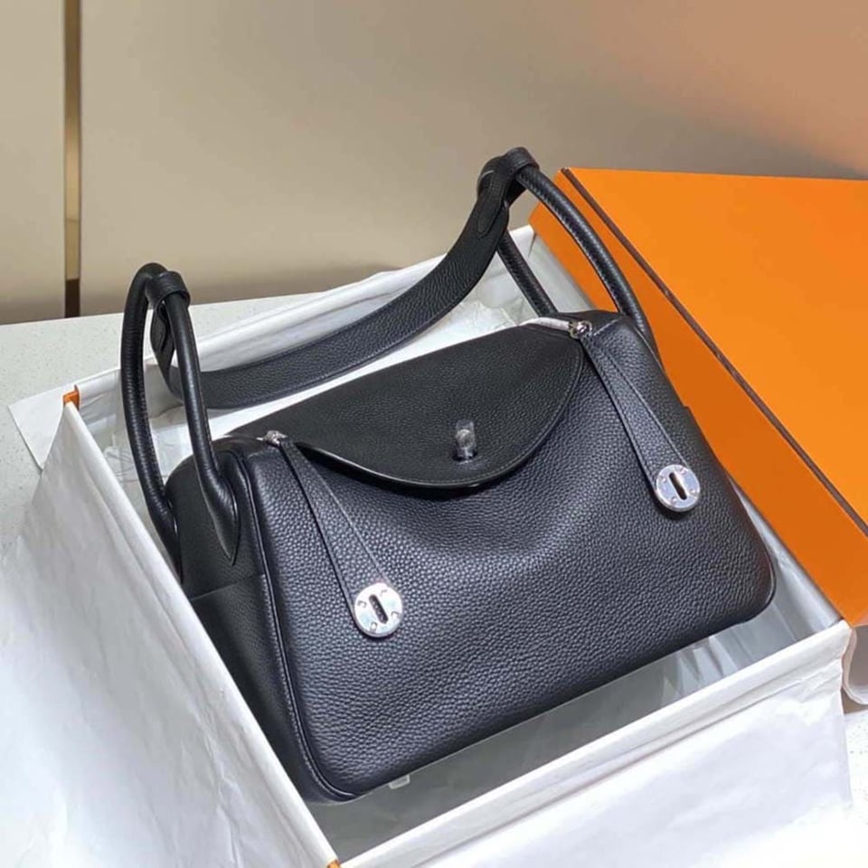 Hermes Women Lindy 26cm Clemence Leather-Black view 6