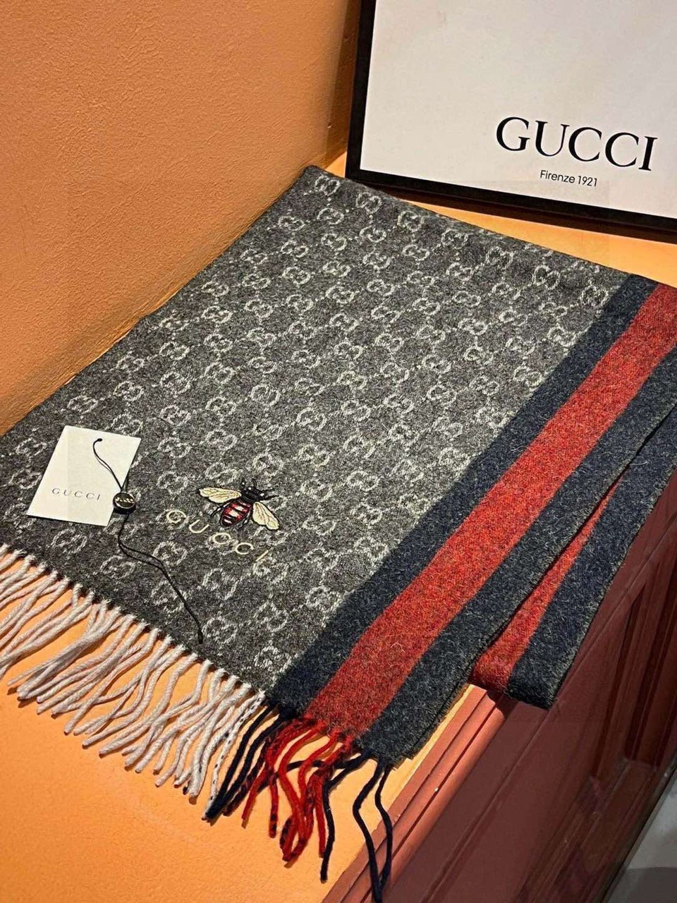 Gucci Cashmere Scarf Stripe Gray Red For Women 190cm view 3