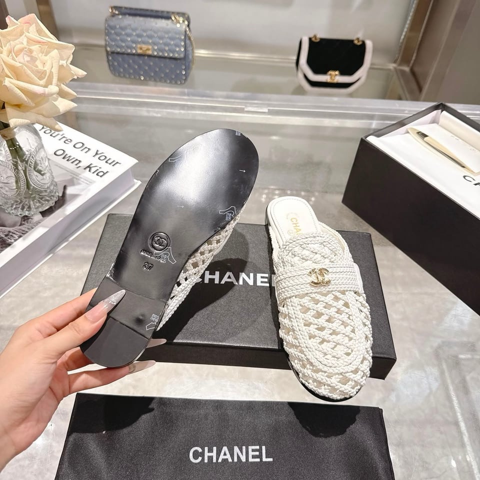Chanel Braided Woven Raffia Mules with CC Logo White Raffia G39850 view 6