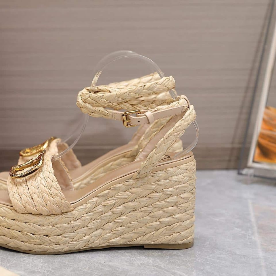 Valentino Garavani Vlogo Raffia Platform Wedge Sandals Natural view 3