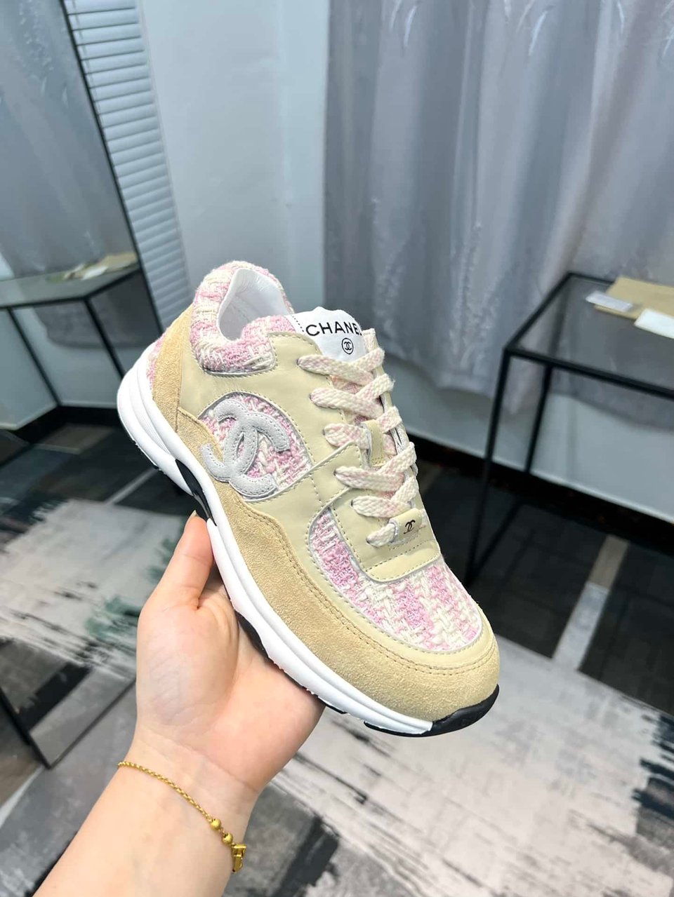 Chanel Coton Tweed Suede Calfskin Sneakers Pink G38299 Y56627 K6020 view 7