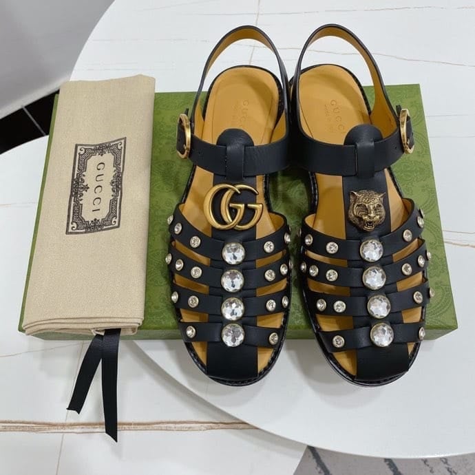 Gucci Rubber Crystal Embellishments Sandals Black view 4