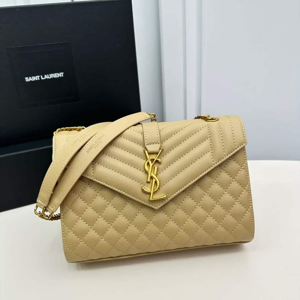 Saint Laurent Envelope Medium Chain Bag In Mix Matelasse Grain De Poudre Embossed Beige 24Cm view 8