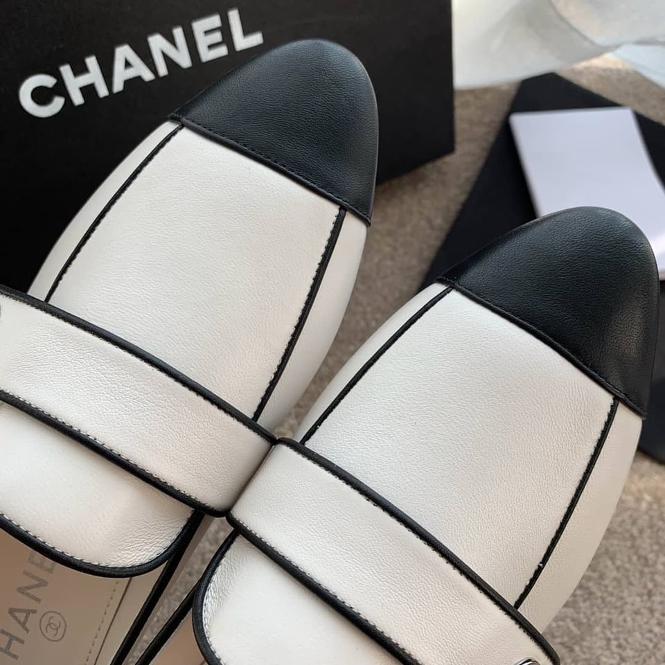Chanel Leather Cc Cap Toe Slip On Loafers White view 6