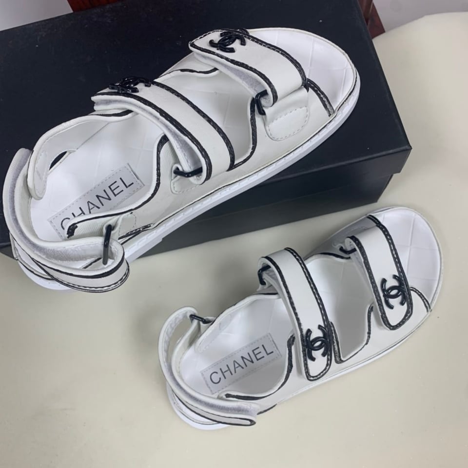Chanel Calfskin Printed Velcro Dad Sandals White Black view 11