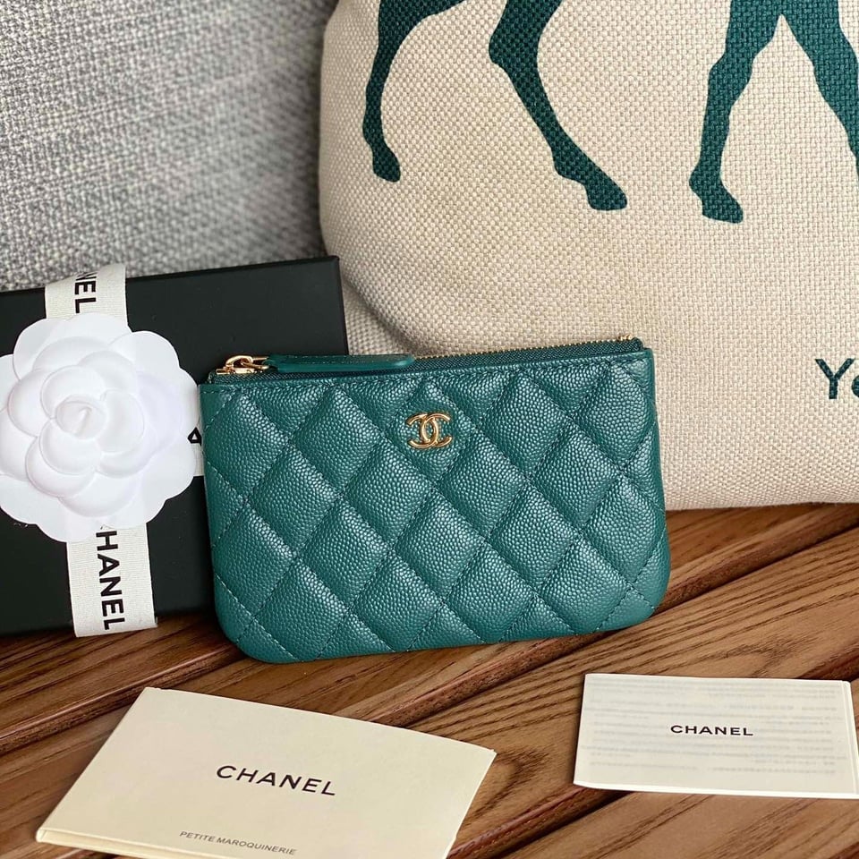 Chanel Zipped Wallet 15 Blue Green Caviar Gold Hardware view 2