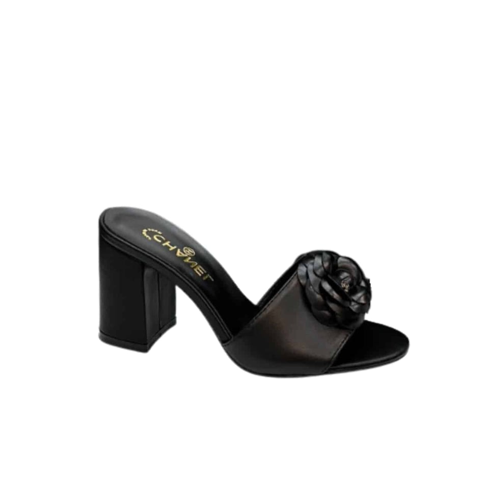 Chanel Camellia Medium Heel Slippers Black view 2