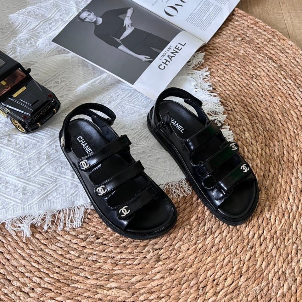 Chanel Triple Velcro Strap Sandals Black G45628 B16403 94305 view 9