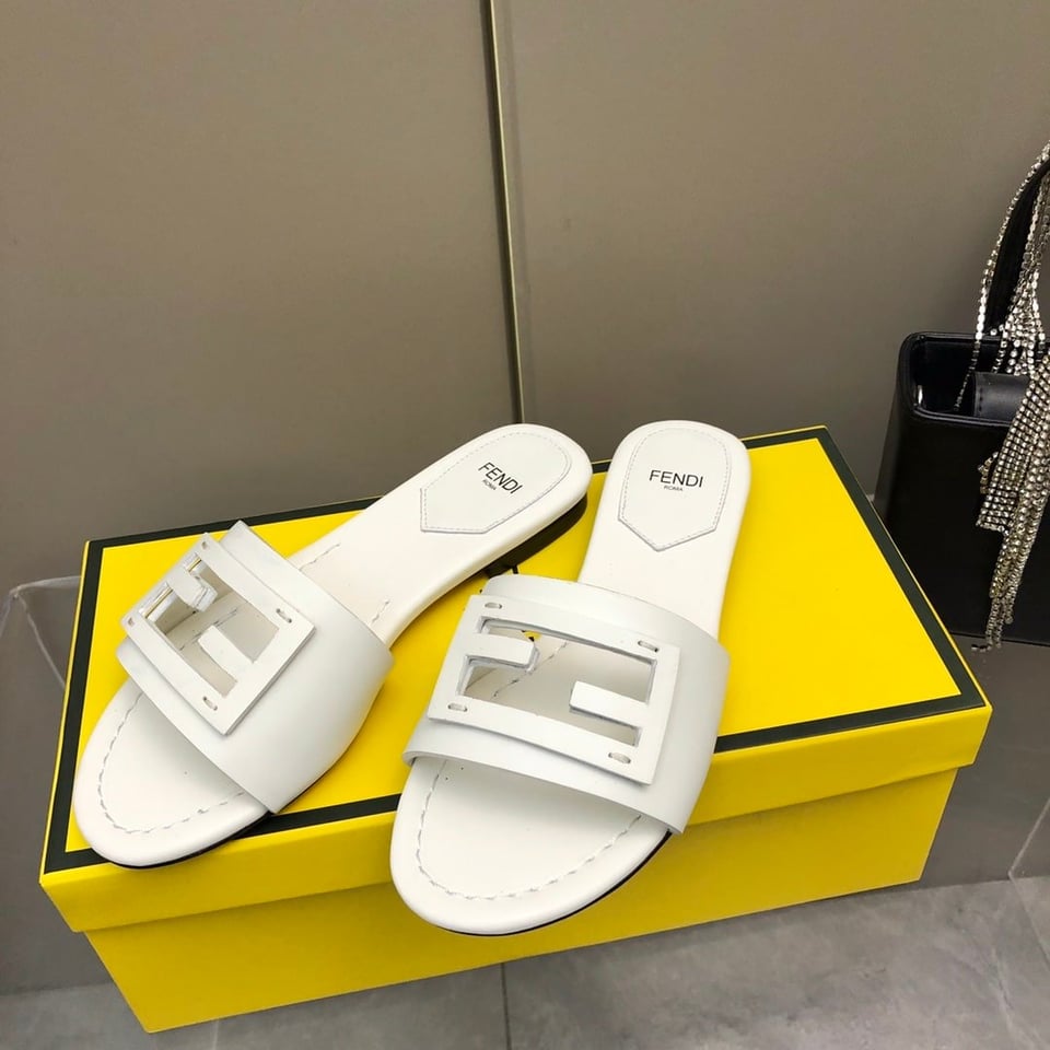 Fendi Baguette White Leather Slides view 3