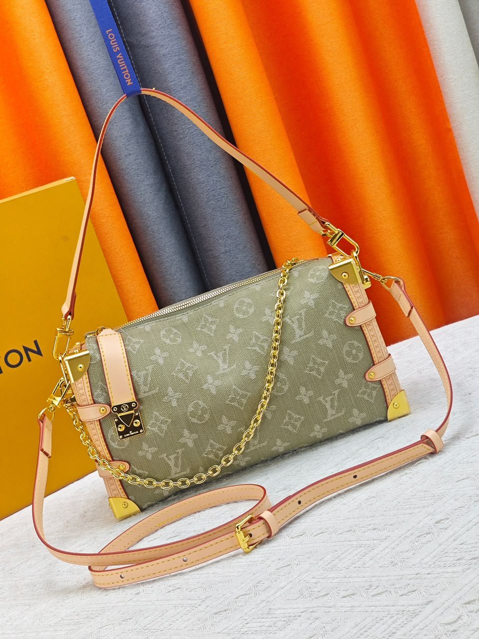 Louis Vuitton East West MM Side Trunk Bag Khaki Denim 28cm M27451 view 9