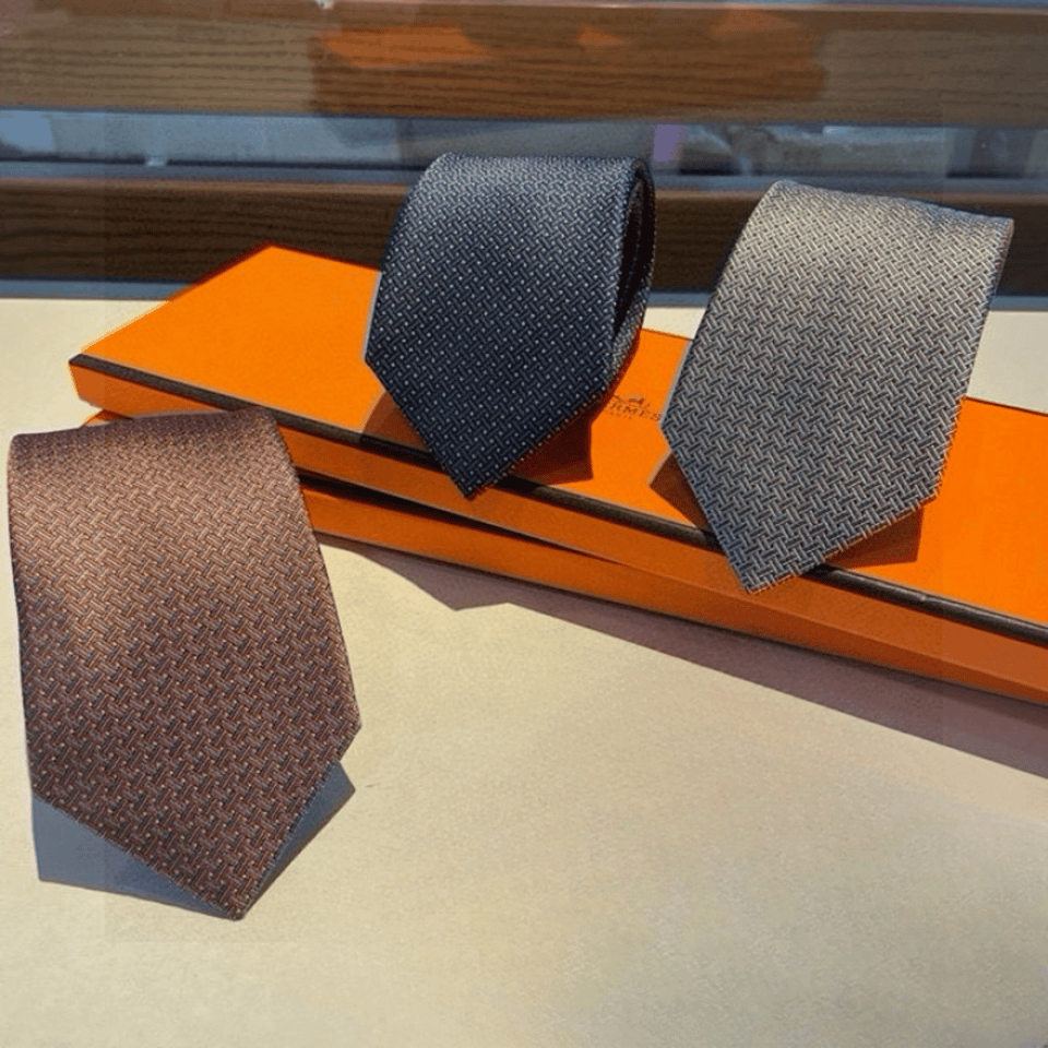 Hermes Light Gray Interlocking Pattern Canvas Tie For Men view 10