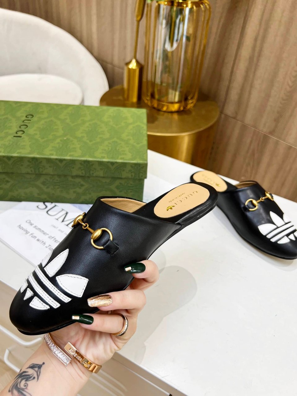 Gucci X Adidas Women’S Trefoil Slipper Leather Black view 7