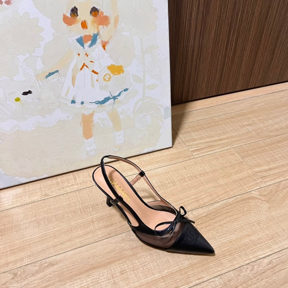 Chanel Cc Leather Pointy Toe Pumps Slingbacks Sandals Black view 4