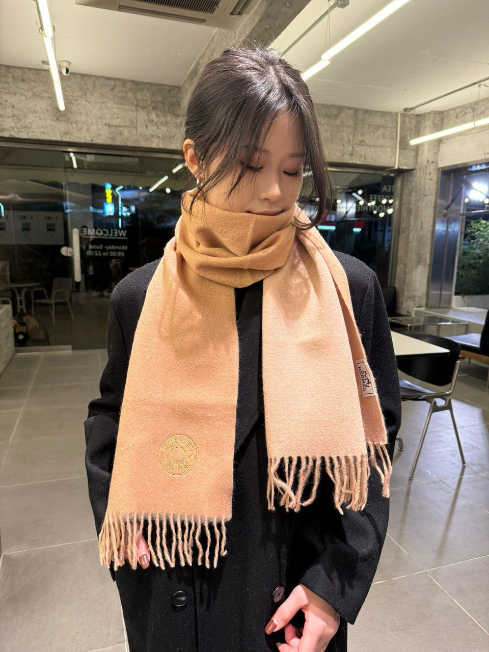 Hermes Cashmere Blanket Scarf Khaki For Women 180cm view 3