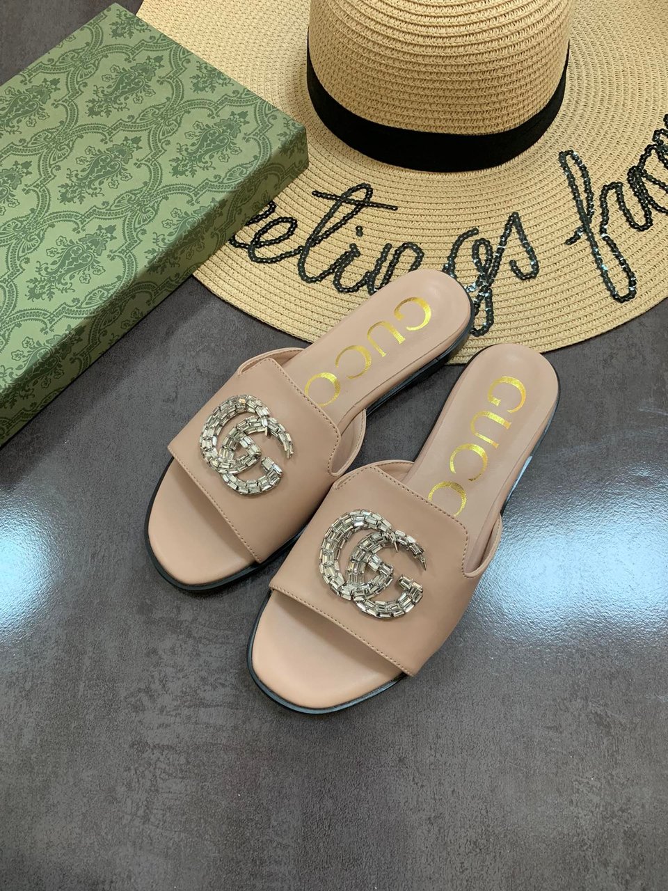 Gucci Double G Slippers Leather Beaded In Beige view 4