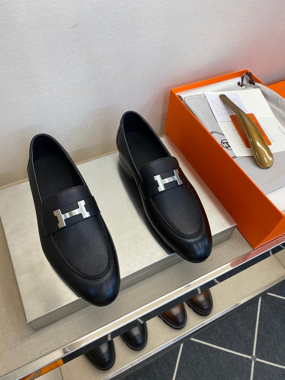 Hermes H-Buckle Black Leather Loafers- Shoes for Men view 11