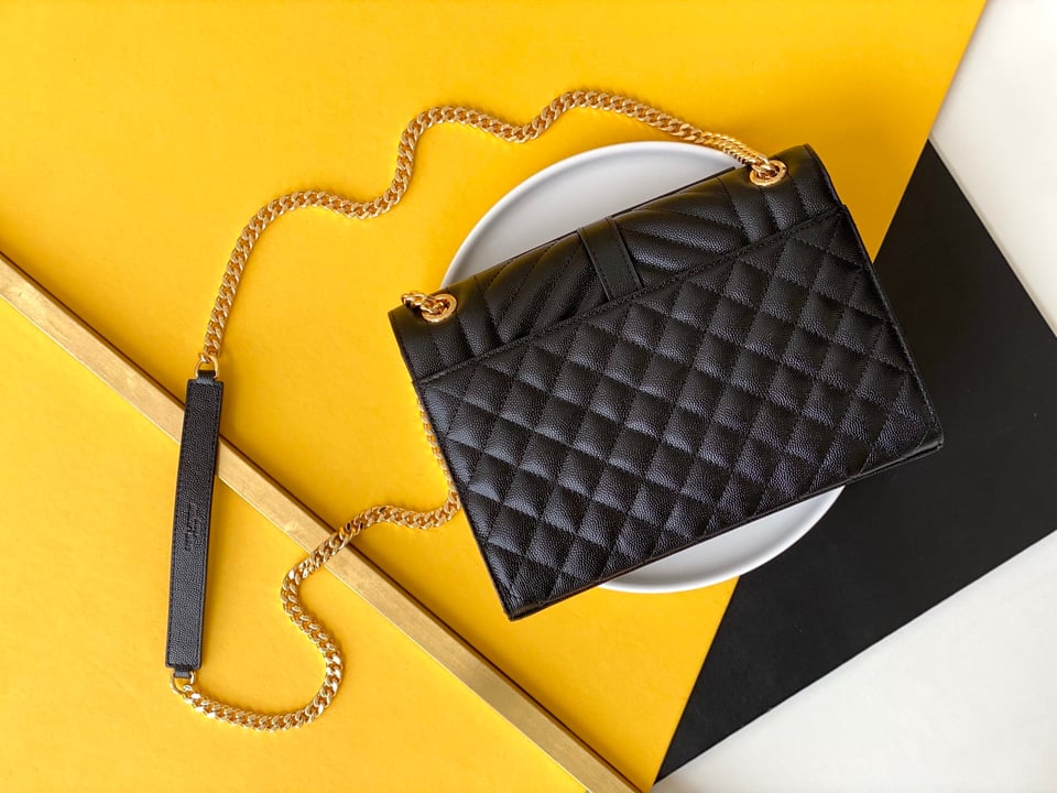 Saint Laurent Envelope Medium Chain Bag In Supple Matelasse Leather Black Gold 24Cm view 10