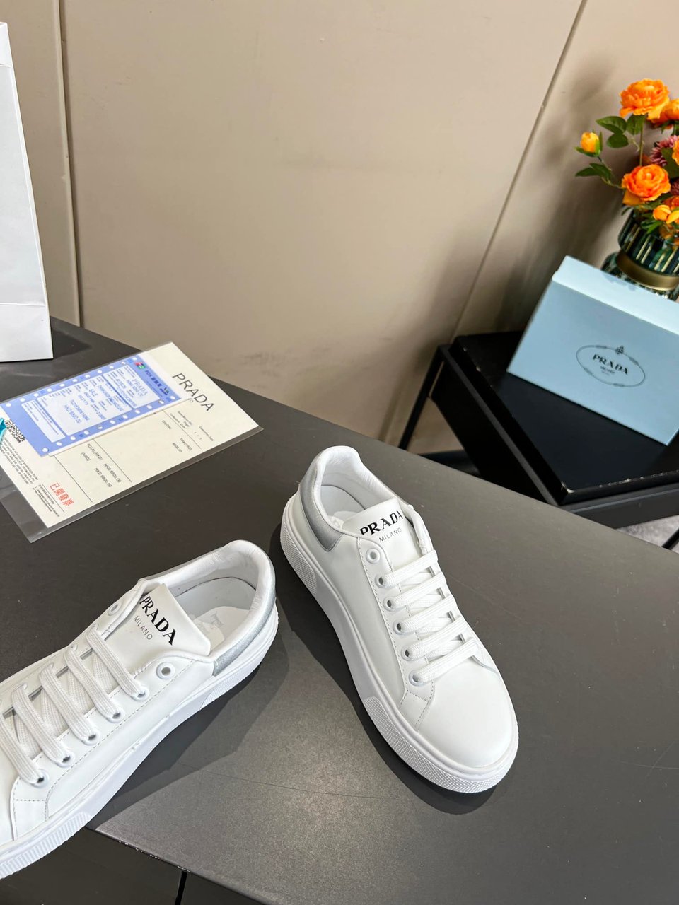 Prada Sneakers In White Leather With Silver Logo view 8