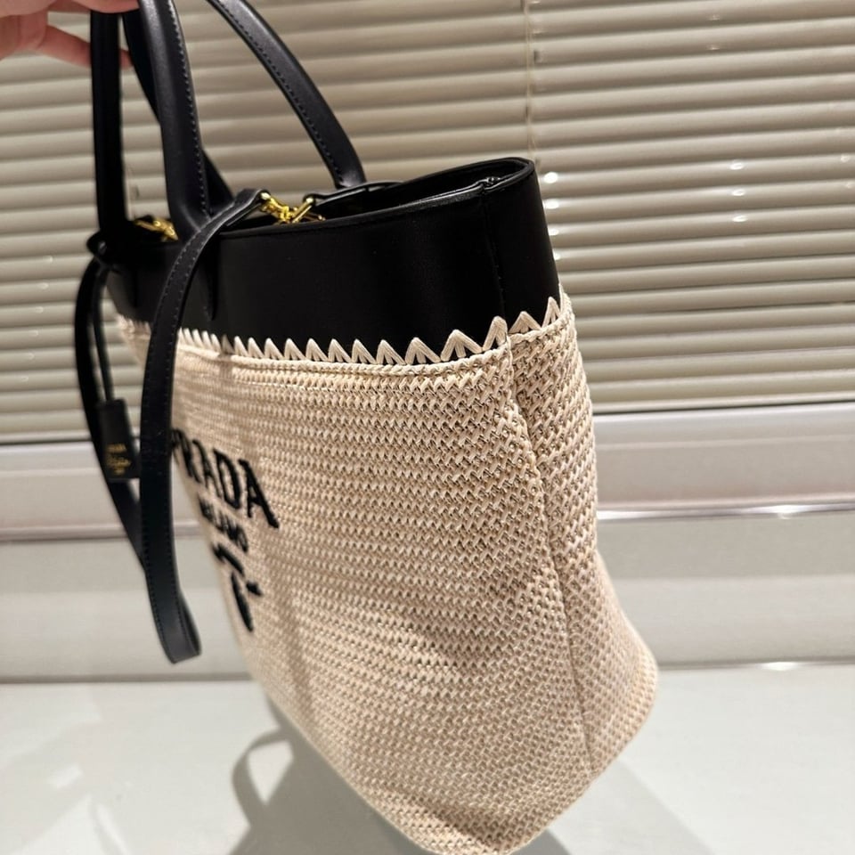 Prada Crochet And Leather Tote Bag Tan And Black 33Cm view 4